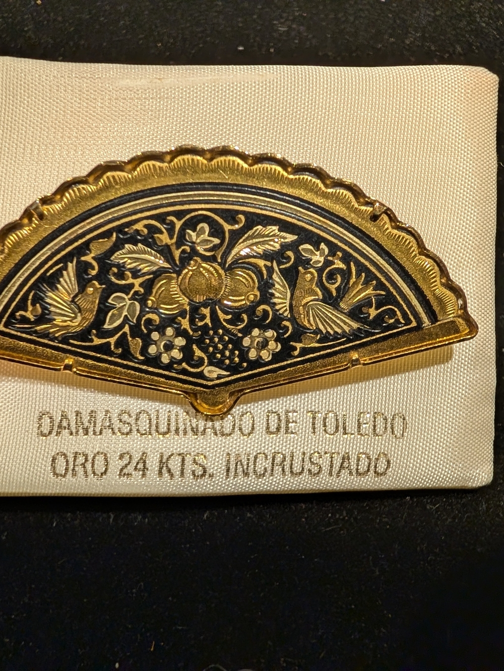 Toledo Damasquinado Gold and Black Decorative Brooch, Gold Plated
